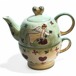 Mesa Decorate Green Mauve Blue Color Teapot & Cup Set Tea-For-One Angel Decor